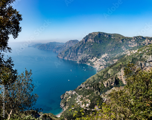 Panoramic view of Positano town and Amalfi coast from hiking trail "Path of the Gods".
