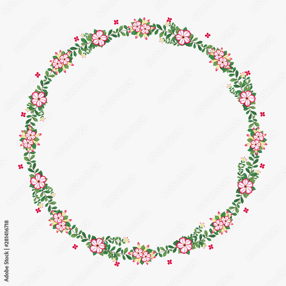 Floral greeting card and invitation template for wedding or birthday anniversary, Vector circle shape of text box label and frame, Azalea flowers wreath ivy style with branch and leaves.