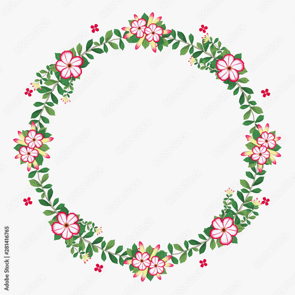 Floral greeting card and invitation template for wedding or birthday anniversary, Vector circle shape of text box label and frame, Azalea flowers wreath ivy style with branch and leaves. Floral greeting card and invitation template for wedding or birthday anniversary, Vector circle shape of text box label and frame, Azalea flowers wreath ivy style with branch and leaves.
