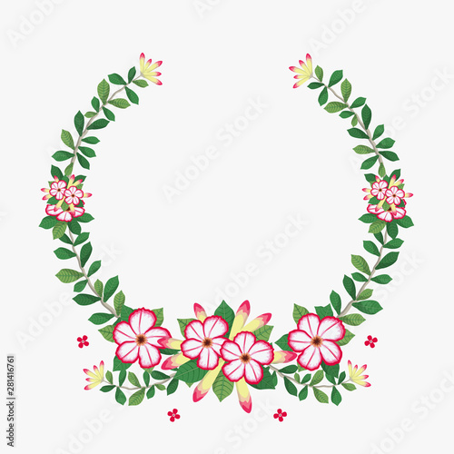 Floral greeting card and invitation template for wedding or birthday anniversary, Vector circle shape of text box label and frame, Azalea flowers wreath ivy style with branch and leaves.