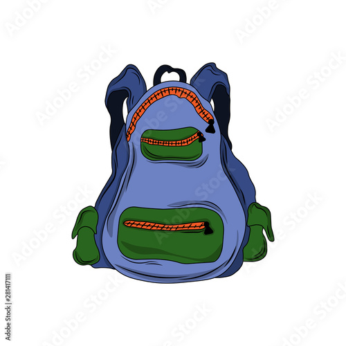 Hand drawn backpacks. Bags for school. Cartoon casual, sports, tourist and cool backpack. Schoolbag decorative element. Vector illustration. The object is isolated on a white background.