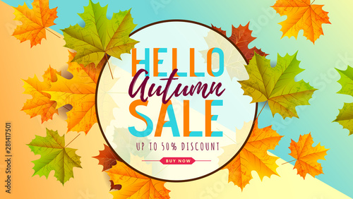 Autumn big sale typography poster with autumn leaves. Nature concept