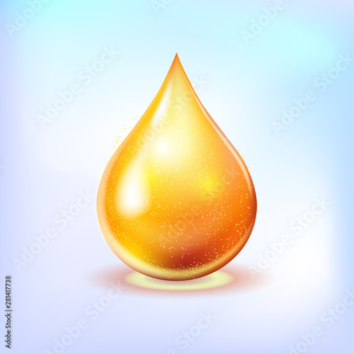 Oil drop gold shining icon. Vitamin. Shining golden substance drop. Vector