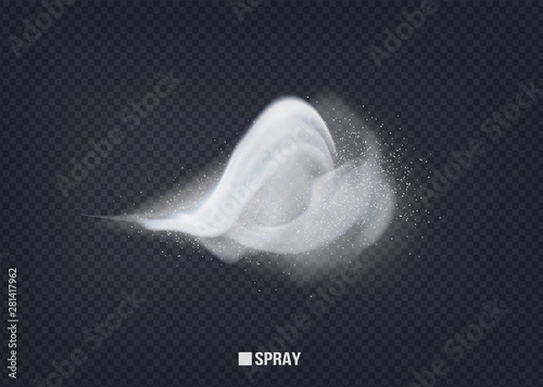 Perfume advertising spray.magic effect. Beautiful, elegant element for your design.Airy water spray.Mist.Sprayer fog isolated on black transparent background. Vector.