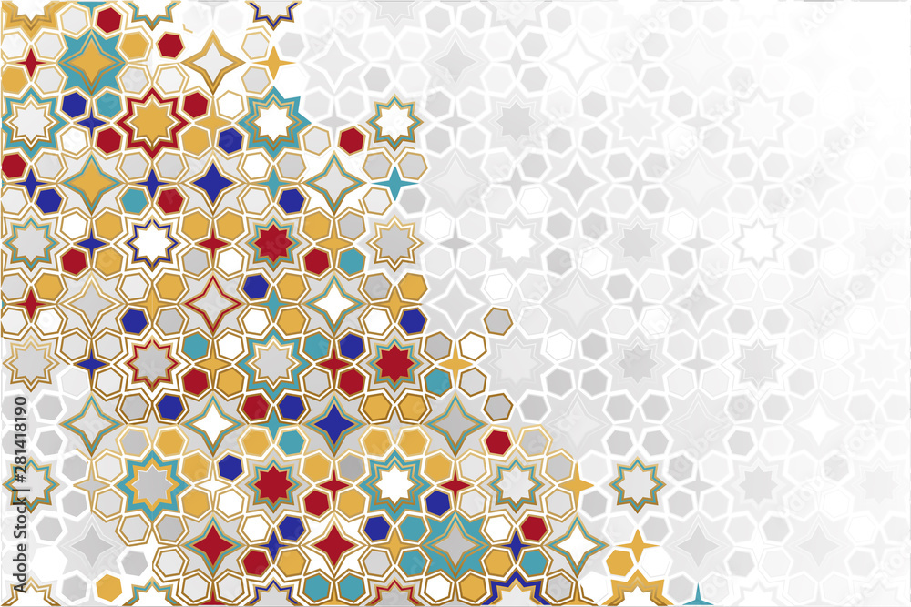 Arabic ornamental Background in color. Islamic ornamental colorful detail of mosaic. arabic, east, indian ornament, persian motif, 3D. simple geometric.Ramadan Kareem gold greeting card, banner.