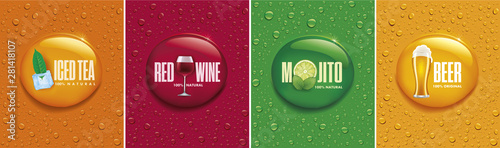 many fresh drops on different color backgrounds with iced tea, wine, beer, mojito