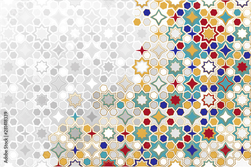 Arabic ornamental Background in color. Islamic ornamental colorful detail of mosaic. arabic, east, indian ornament, persian motif, 3D. simple geometric.Ramadan Kareem gold greeting card, banner.