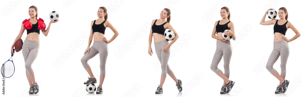 Young woman with football, rugby ball, boxing gloves and tennis Young woman with football, rugby ball, boxing gloves and tennis