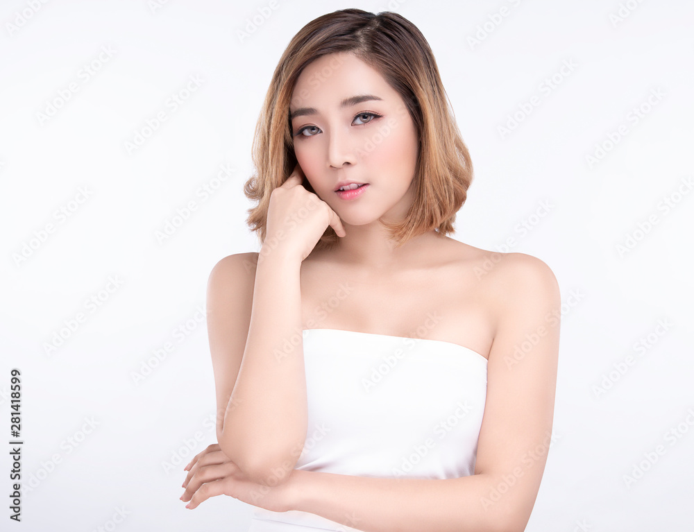 Beauty Young asian woman with perfect facial skin. Gestures for advertisement treatment spa and cosmetology. Beauty Young asian woman with perfect facial skin. Gestures for advertisement treatment spa and cosmetology.