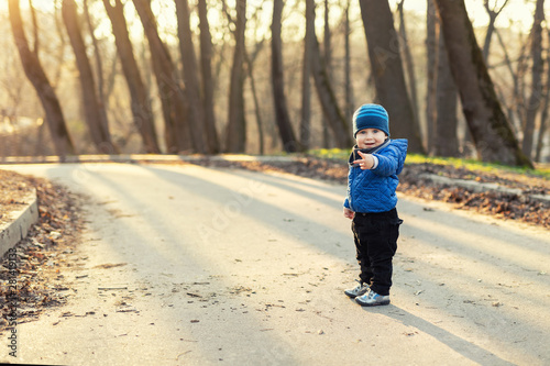 Portrait of cute funny caucasian toddler boy in blue jacket and hat enjoying walking at autumn park or forest during sunset with sun rays shining through trees on background. Baby having fun outdoors