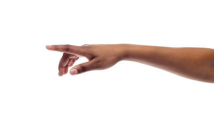 Black girl's hand touching virtual screen isolated on white background