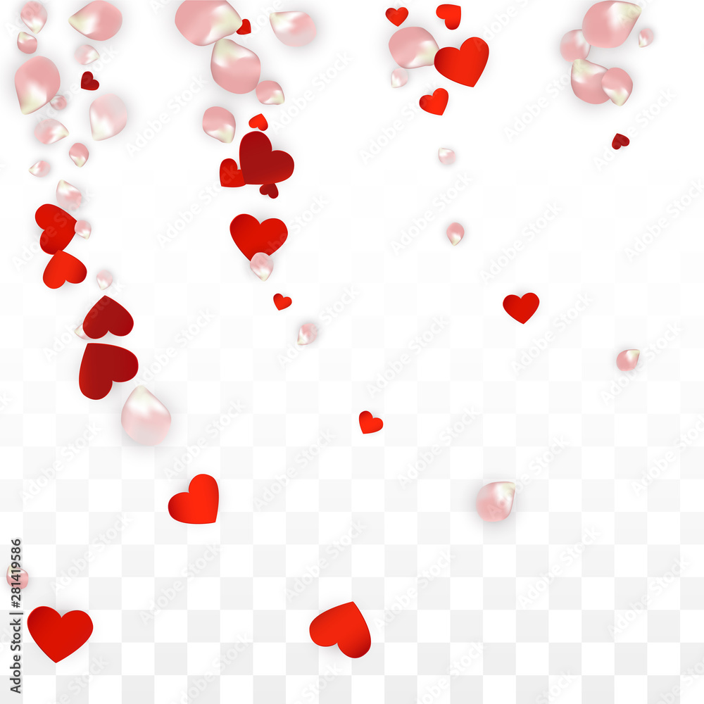 Vector Realistic Petals and Hearts Confetti. Flying Rose and Hearts on Transparent Background. Mother Day Background. Spring Romance Poster. Illustration in Pink for Proposal Design. Vector Realistic Petals and Hearts Confetti. Flying Rose and Hearts on Transparent Background. Mother Day Background. Spring Romance Poster. Illustration in Pink for Proposal Design.