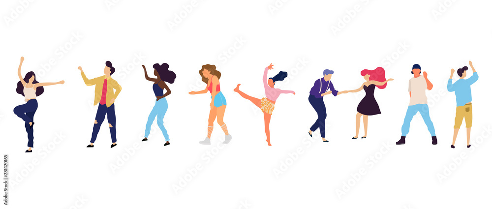 Crowd of young people dancing at club. Big set of characters having fun at party. Flat colorful vector illustration.