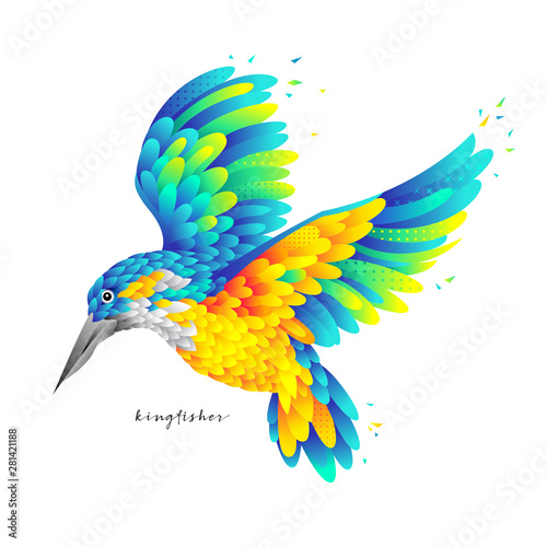 Flying colorful kingfisher isolated vector illustration with golden feathers and wings