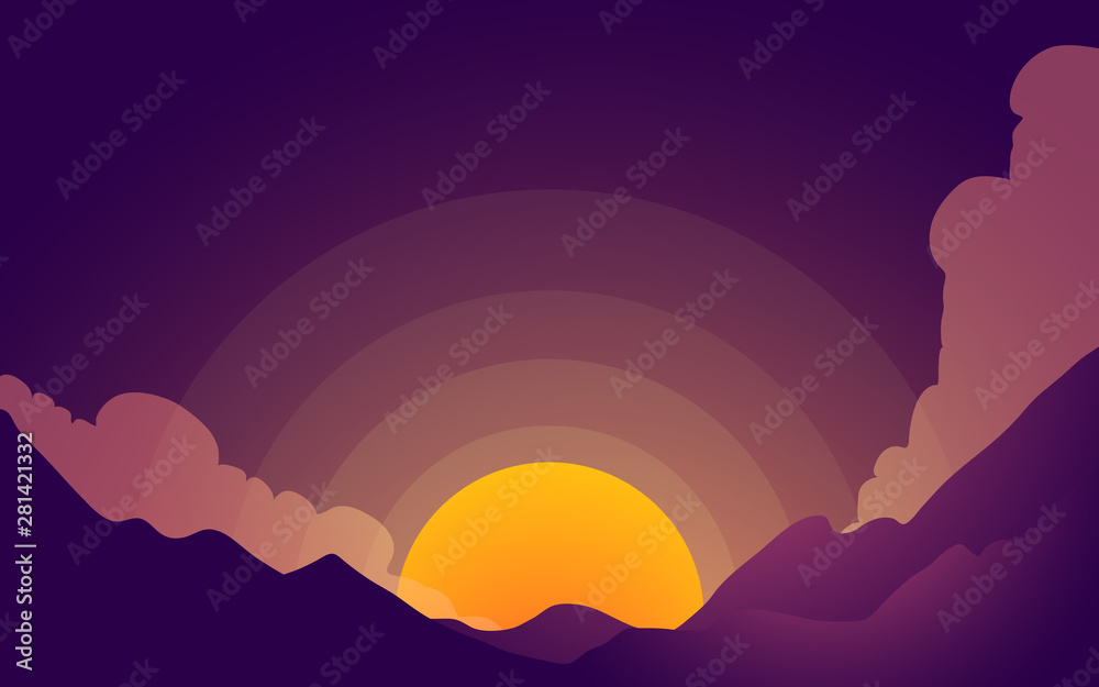 flat illustration of a sunrise between the beautiful mountains. vector illustration with gradient color. for background, website, card, and wallpaper.
