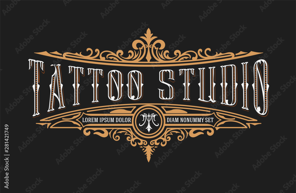 Tattoo logo template. Old lettering on dark background with floral ...