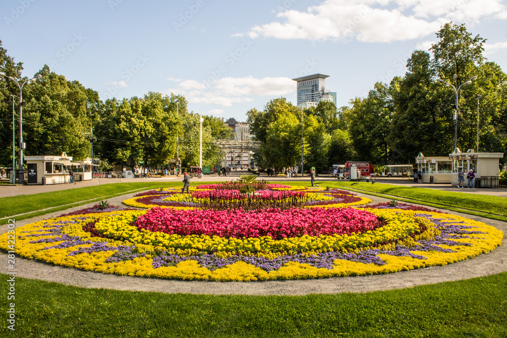 Big beautiful flower bed in a public Park Sokolniki in Moscow, Russia on a summer day