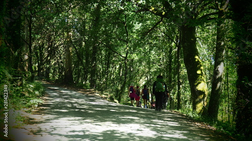 grupo de ocho peregrinos por el sendero del camino de santiago llegando a la aldea de aldea  furelos, la coruña   photo