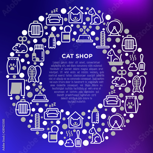 Wallpaper Mural Cat shop concept in circle thin line icons: bags for transportation, hygiene, collars, doors, toys, feeders, scratchers, litter, shack, training. Modern vector illustration with copy space. Torontodigital.ca