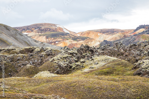 Landmannalaugar beautiful scenic nature landscape. Various volcanic minerals and lava formations. Colorful mountains in Iceland