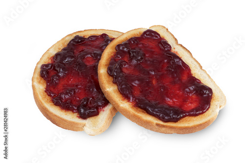 Two slices of toast with raspberry jam jelly isolated on white with clipping path