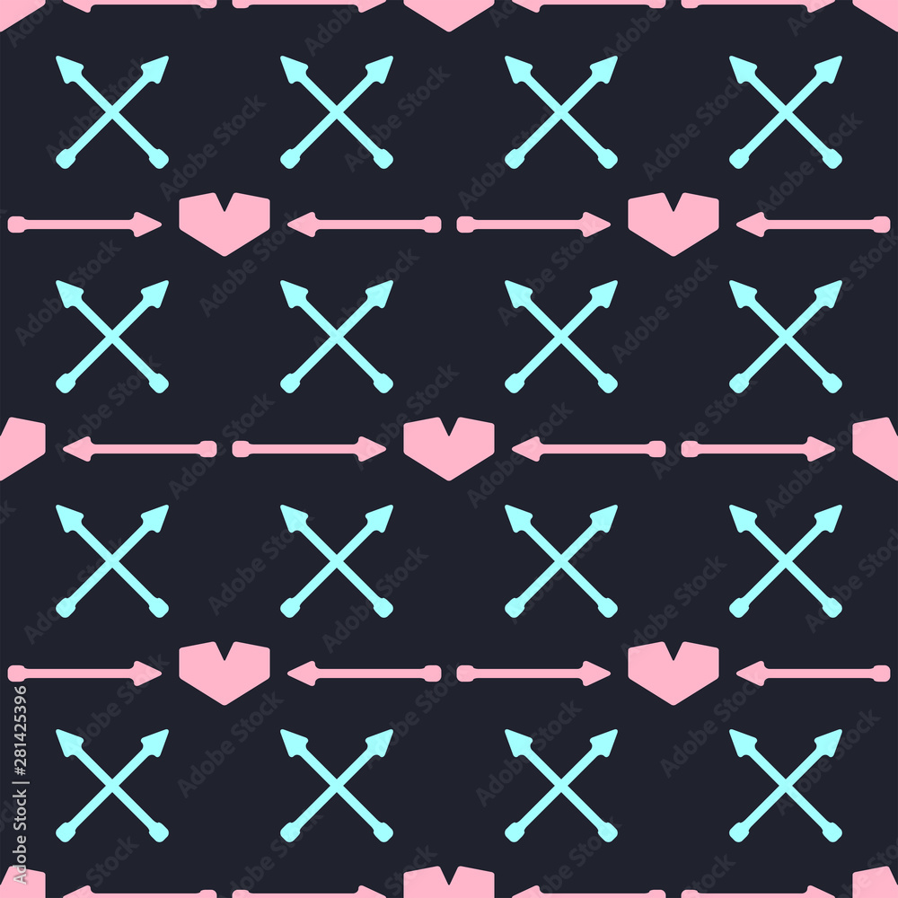 Cute seamless pattern with hearts and arrows. Bright romantic print. Vector illustration.