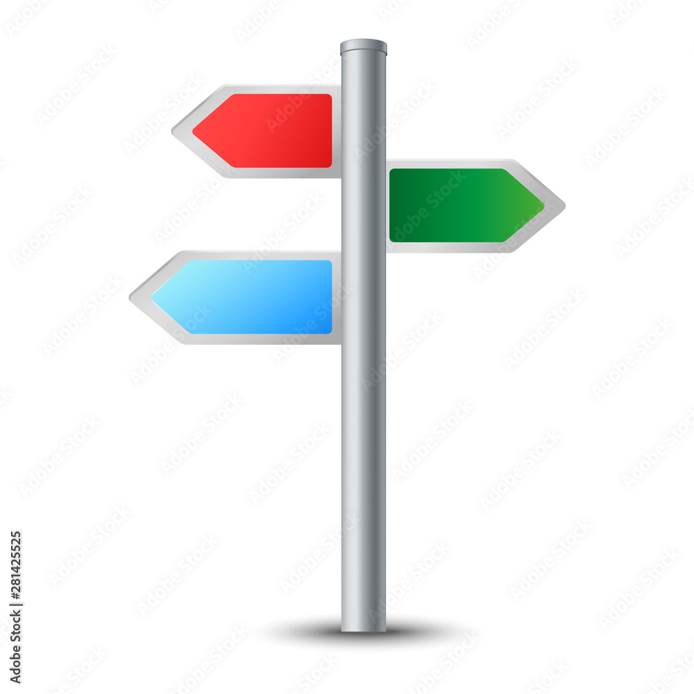 Illustration of a multicolored triple road signpost with a shadow Illustration of a multicolored triple road signpost with a shadow