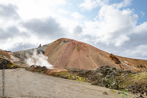 sulfur fumaroles in Landmannalaugar, a beautiful scenic nature landscape. Various volcanic minerals and lava formations. Colorful mountains in Iceland photo