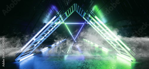 Smoke Sci Fi Futuristic  Technology Schematic Motherboard Matrix Chip Reflective Gate Portal Neon Glowing Triangle Laser Blue Green Vibrant Tunnel Corridor Background 3D Rendering © IM_VISUALS
