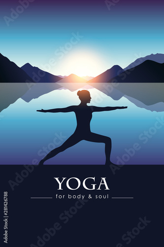 yoga for body and soul meditating girl silhouette by the lake with blue mountain landscape vector illustration EPS10