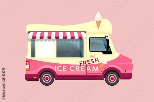 Classic summer ice cream van in cream and pink colours. Side view vector illustration.