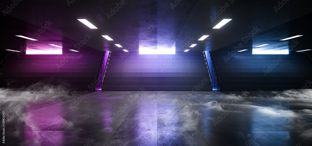 Smoke Sci Fi Futuristic Neon Lights Arrow Shape Hall Dark Empty Underground Tunnel Corridor Stairs Signs Lights Purple Blue Glowing  Empty Reflective Grunge Concrete Modern 3D Rendering
