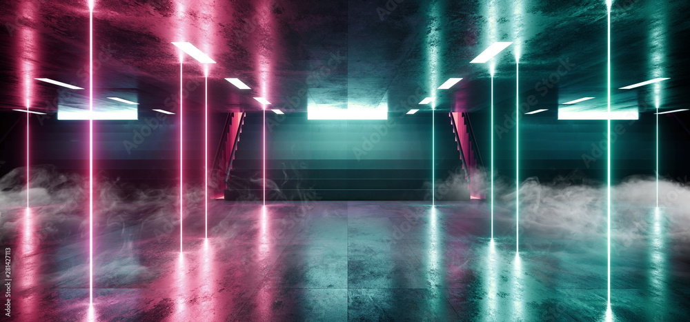 Smoke Sci Fi Futuristic Neon Lights Arrow Shape Hall Dark Empty Underground Tunnel Corridor Stairs Signs Lights Purple Blue Glowing  Empty Reflective Grunge Concrete Modern 3D Rendering