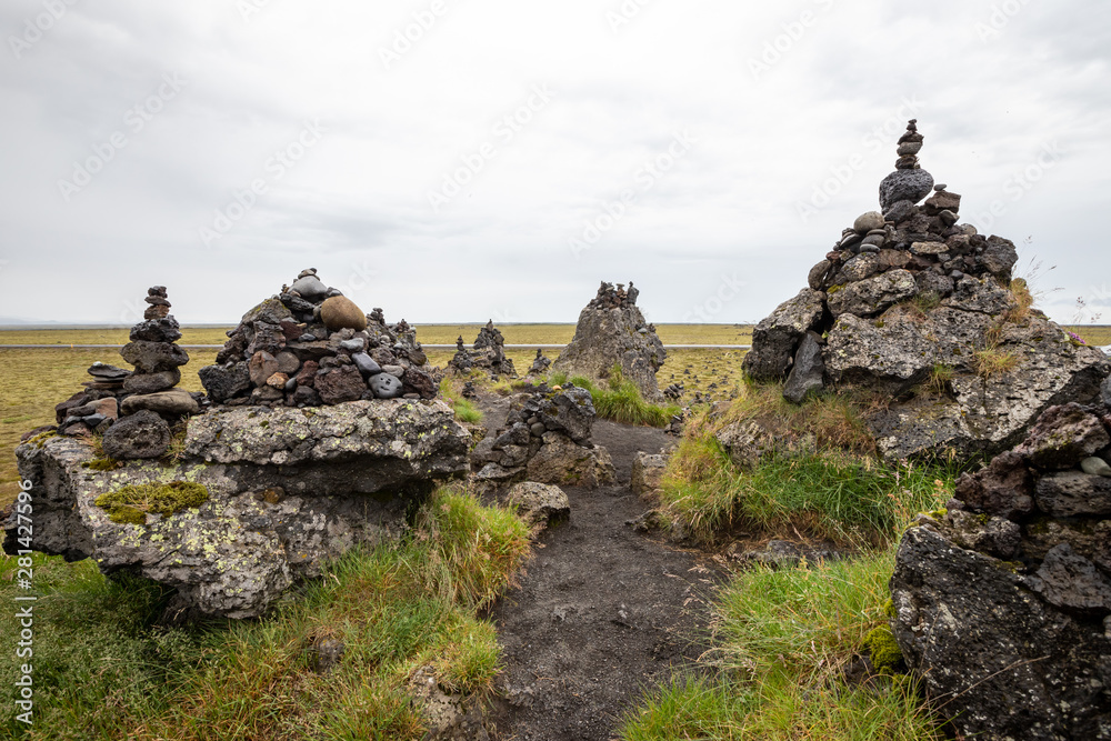 Laufskalavarda cairn stones in Iceland. Old tradition in the country.Cairn stones where piled up to bring good fortune to the travellers that crossed the Myrdalssandur desert