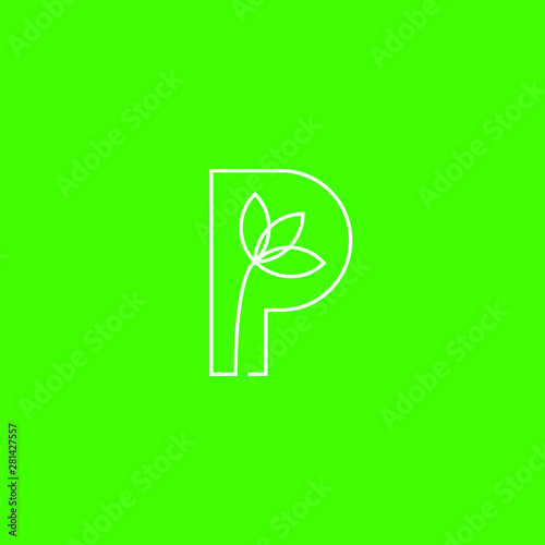 Initial P letter with plant inside shaped with line art style logo icon illustration