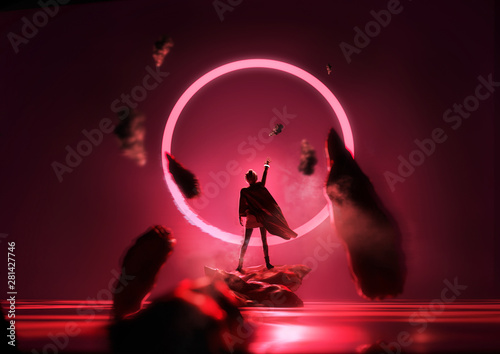 Futuristic fantasy glowing red loop with a person reaching up into it. Conceptual portrait 3D illustration