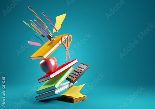 Back to school education background concept with falling and balancing school accessories and items. 3D render illustration. photo