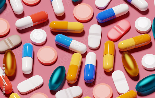 A background filled with various medical pills and health capsules. 3D render illustration. photo