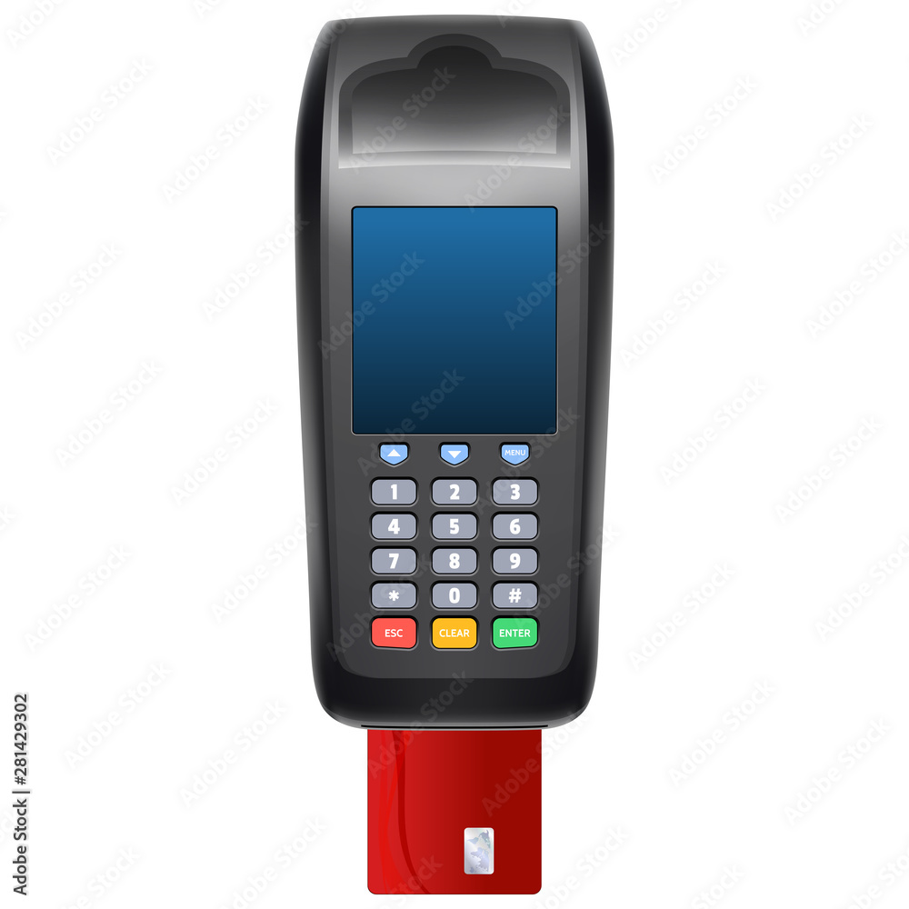 Realistic terminal with red card on white background Realistic terminal with red card on white background