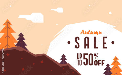 Autumn sale coupon 50  off background illustration. Autumn sale banner template with flat illustration