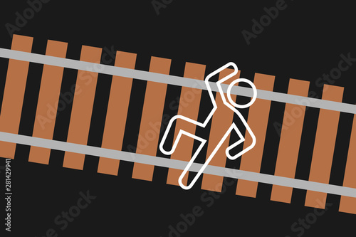 Chalk outline over railway and railroad track after dead man is hit killed by train. Vector illustration