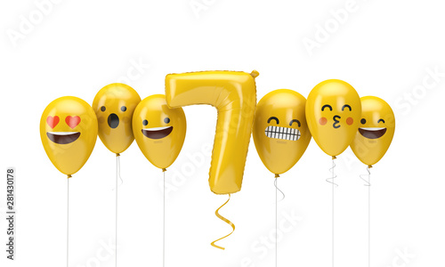 Number 7 yellow birthday emoji faces balloons. 3D Render
