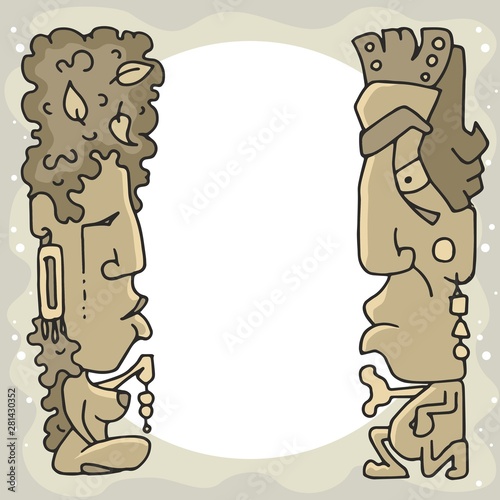 The frame of the sculptures of ancient men and women of their wood or stone. Ethnic sculptures.