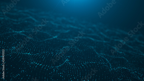 Wave 3d. Wave of particles. Abstract Blue Geometric Background. Big data visualization. Data technology abstract futuristic illustration. 3d rendering.