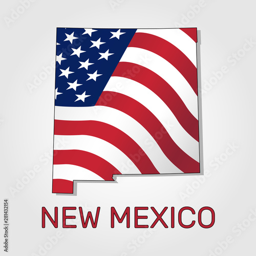 Map of the state of New Mexico in combination with a waving the flag of the United States. New Mexico silhouette or borders for geographic themes - Vector