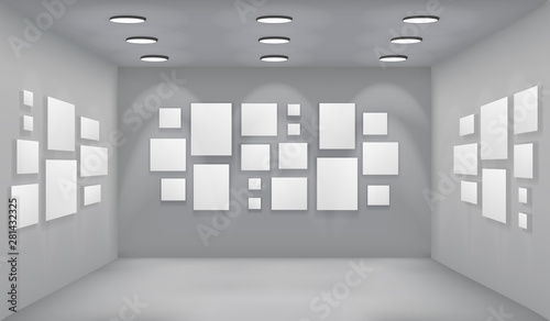 Showroom art gallery empty museum room interior background perspective with blank paper square frame template vector illustration