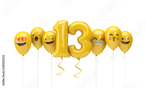 Number 13 yellow birthday emoji faces balloons. 3D Render
