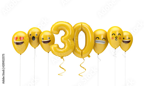 Number 30 yellow birthday emoji faces balloons. 3D Render