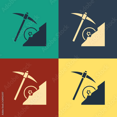 Color Cryptocurrency cloud mining icon isolated on color background. Cloud with pickaxe, bitcoin, digital money market, cryptocoin wallet. Vintage style drawing. Vector Illustration