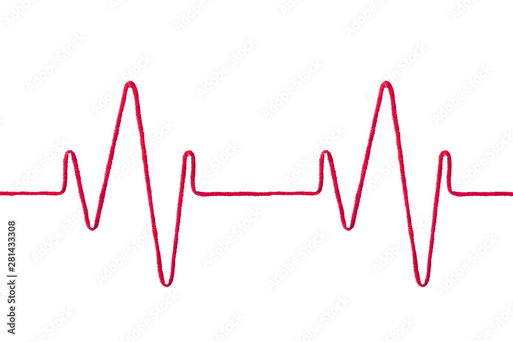 medical concept photo  with red yarn thread like ECG pattern, isolated on white background.   pulse line on white background.